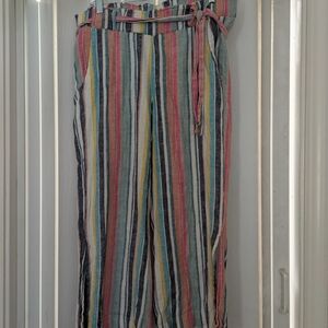 Indigo Rein Multicolor Striped Cropped Pants 55% Linen Pockets Sz XL
